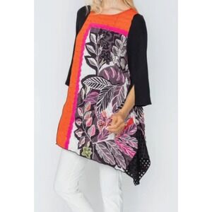 IC Collection Women Floral Asymmetrical Tunic Top Orange Black Size M 5763T NEW